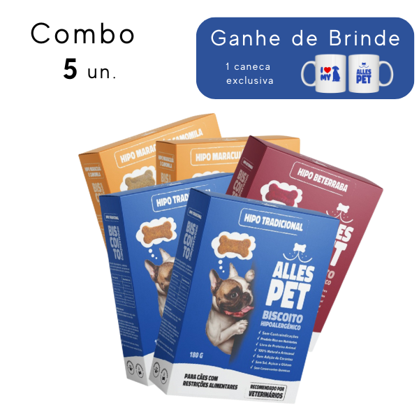 Petisco Hipoalergênico MISTO 180 gr (Combo 5 unidades) + Brinde Caneca Personalizada