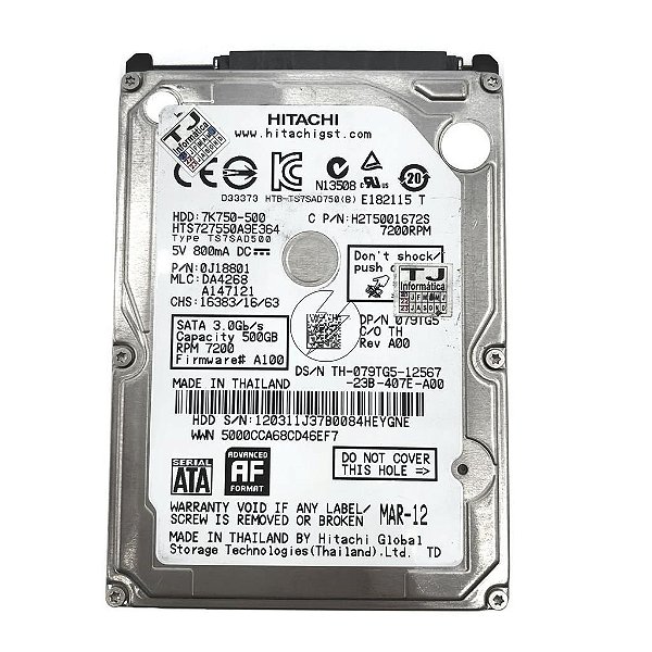 HD 500GB 2,5" SATA 7,2K da Hitachi 7K750-500 H2T5001672S