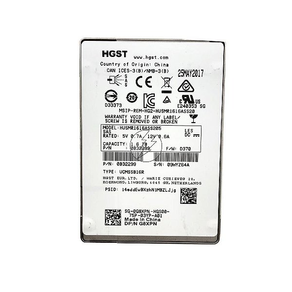 HD SSD Dell 1.6TB, 2.5", Sas, 12 Gbps HUSMR1616ASS205 G8XPN
