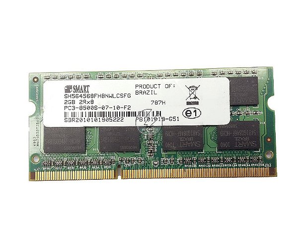 Memória RAM SMART SH564568FH8NWLCSFG 787H 41R0625 55Y3713: DDR3, 2GB, 2Rx8, 1066S, SODIMM