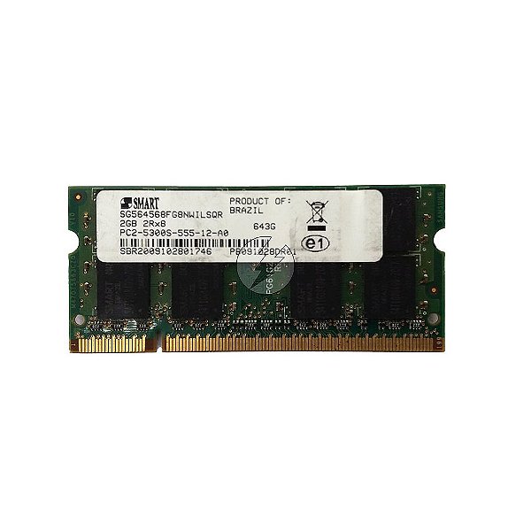 Memória RAM SMART SG564568FG8NWILSQR 643G: DDR2, 2GB, 2Rx8, 667S, SODIMM