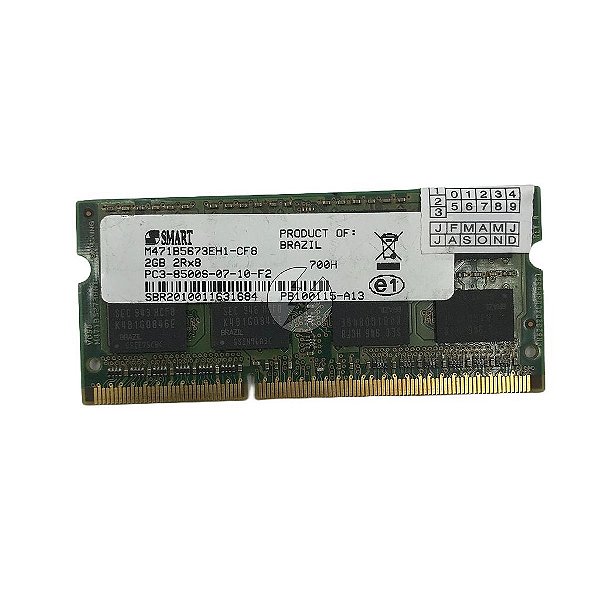 Memória RAM SMART M471B5673EH1-CF8 700H: DDR3, 2GB, 2Rx8, 1066MHz, 8500S, SODIMM