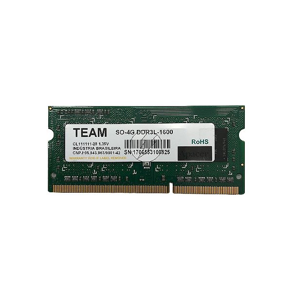 Memória RAM Team SO-4G DDR3L-1600: DDR3L, 4GB, Rx, 1600MHz, 12800S, SODIMM