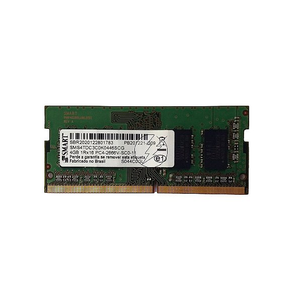 Memória RAM SMART SMS4TDC3C0K0446SCG S044C0GL: DDR4, 4GB, 1Rx16, 2666V, SODIMM