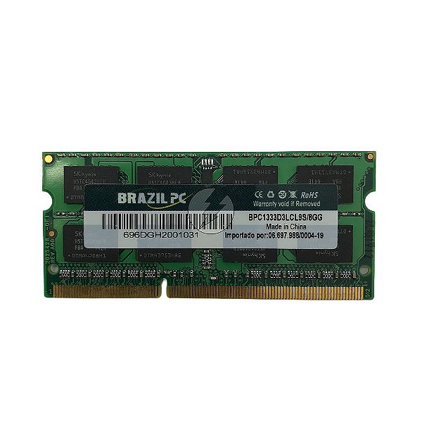 # Memória RAM Brazil PC BPC1333D3LCL9S/8GG: DDR3L, 8GB, 1333, SODIMM