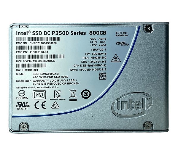 SSD PCIe NVMe 800GB Intel DC P3500 Enterprise - Garantia 1 ano
