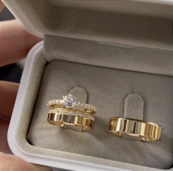 Par de alianças Califórnia, ouro 18k, 8mm 17g, com anel solitário Ouro 18k