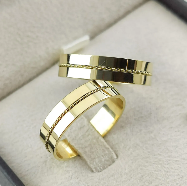 Par de Alianças Casamento Ouro 18k Corda Fio Torcido 5mm Alianças Casamento Ouro 18k Corda
