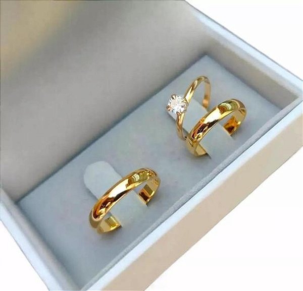 Par de Alianças Ouro 18k 4mm 6g + anel Solitário