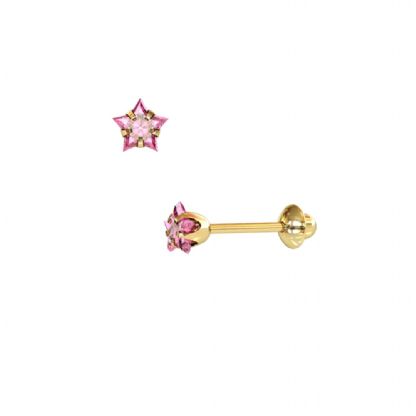 Brinco Estrela Ouro 18K Zirc Rosa 4mm BR008