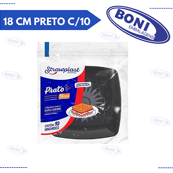 PRATO QUADRADO 18 CM PRETO C/10 STRAWPLAST