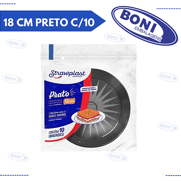 PRATO REDONDO 18 CM PRETO C/10 STRAWPLAST