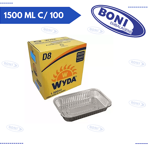 BANDEJA DE ALUMINIO D8 COM TAMPA 1500 ML C/ 100 WYDA