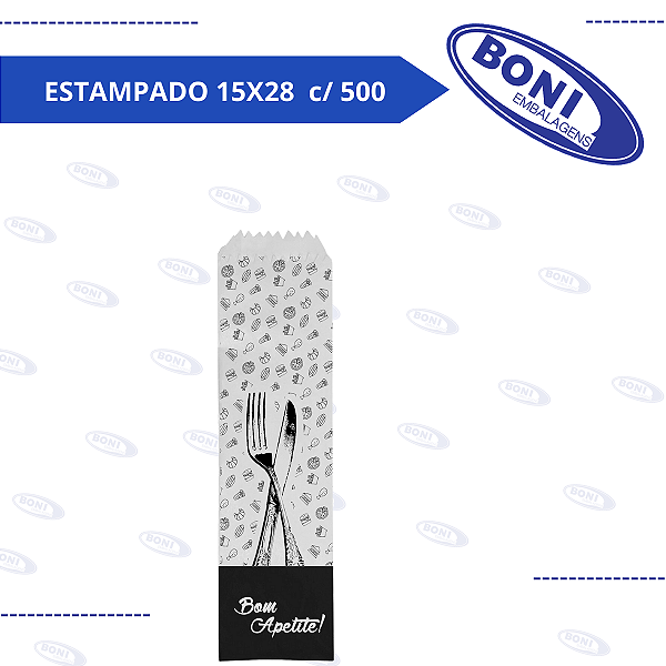 SACO DE PAPEL BRANCO P/ TALHERES ESTAMPADO 15X28  c/ 500
