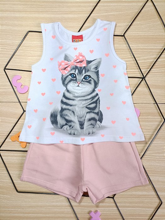Conjunto Infantil Feminino - Gatinha - Tamanho M (Shorts e Regatinha)