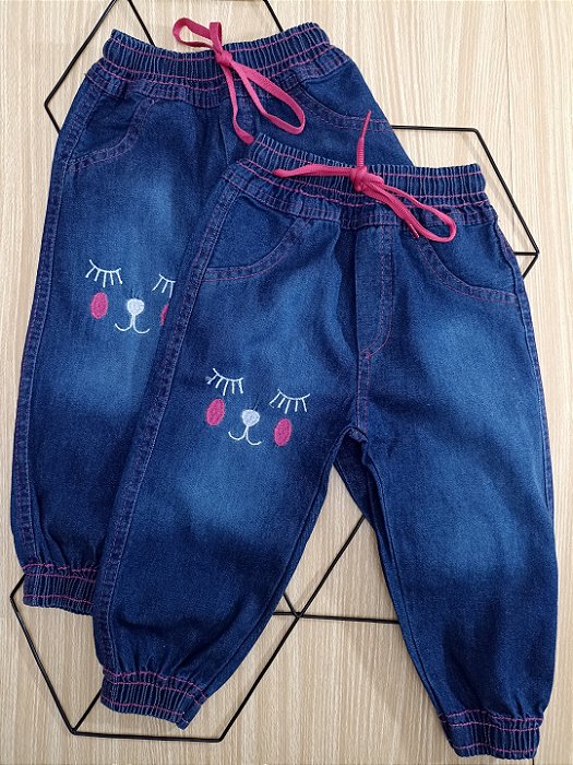 Calça Jeans Jogger Bordada Feminina- Tamanho 1