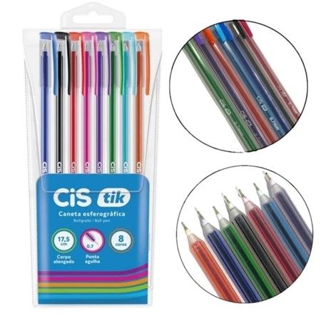 Caneta Tik Esferográfica CIS - Estojo com Kit de 8 Unidades