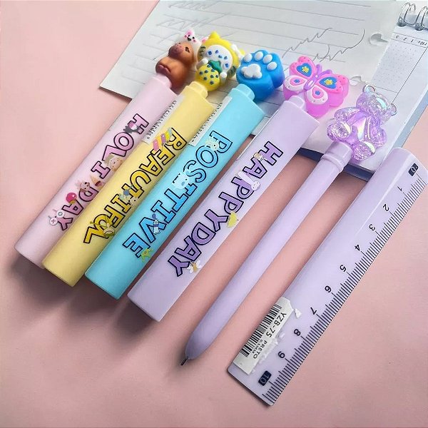 Caneta Kawaii com Régua Integrada 2 em 1 Colorida - Ursinhos - Kit 2 Unidades