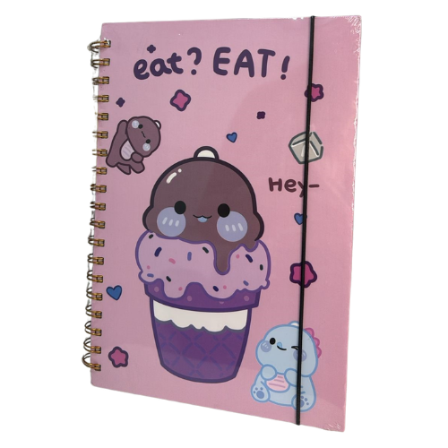 Caderno Espiral com elástico Eat / Study Happy - 58 páginas pautadas - Papelaria Fofa