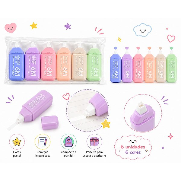 Corretivo em Fita Kit 6 Unidades Tons Pastel