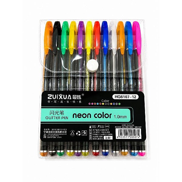 Kit 12 Canetas Gel 1.00 mm Tinta Glitter Neon