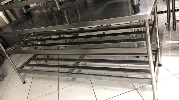 Mesa inox com 2 prateleiras 1.90x60x85 semi nova