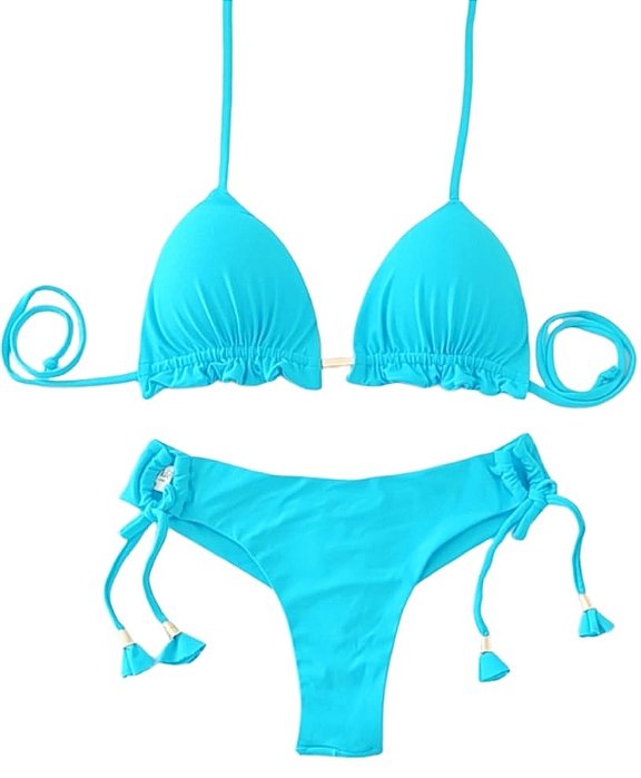 Biquini Cortininha Com Calcinha Fio Duplo, Azul Piscina