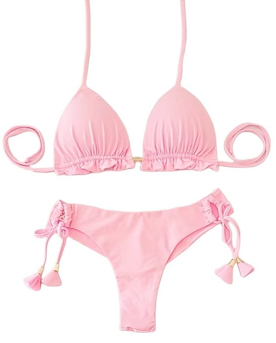 Biquini Cortininha Com Calcinha Fio Duplo, Rosa Candy
