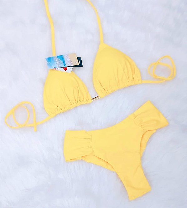 Biquini Cortininha Com Calcinha Fio Duplo Borboleta, Amarelo Camaro