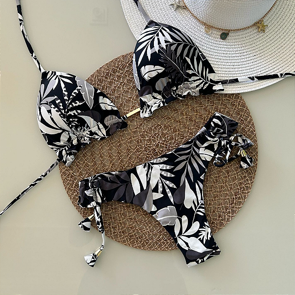 Biquini Cortininha Com Calcinha Fio Duplo, Tropícal Floral Preto