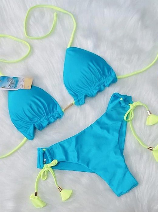 Biquini Cortininha Com Calcinha Fio Duplo, Trilobal Azul/Amarelo