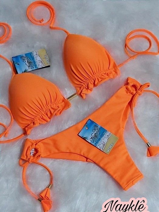 Biquini Cortininha Com Calcinha Fio Duplo Laranja Neon