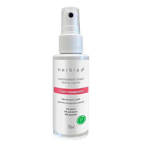 Desodorante Spray Rosa Mosqueta, Cristal Líquido, Sem Álcool e Alumínio - Herbia 120ml