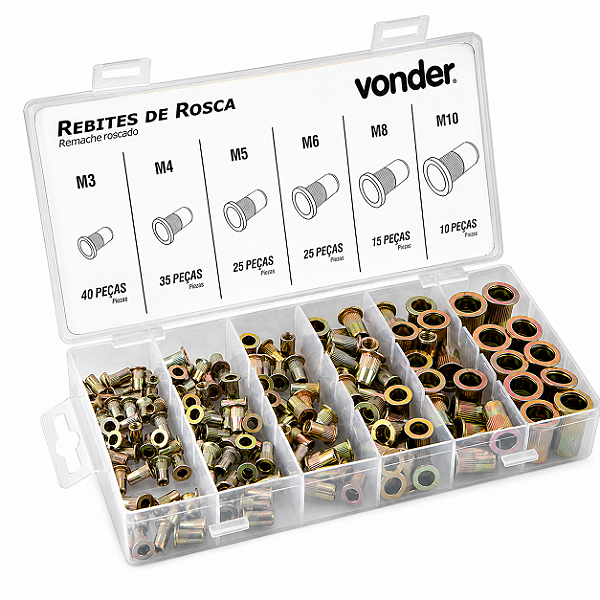 Jogo de Rebites de Rosca VONDER - 150 peças M3-M10