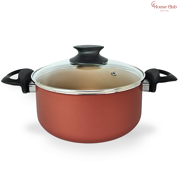 Panela Caçarola 24 cm Antiaderente Teflon com Tampa de Vidro Cor Cereja e Dourado