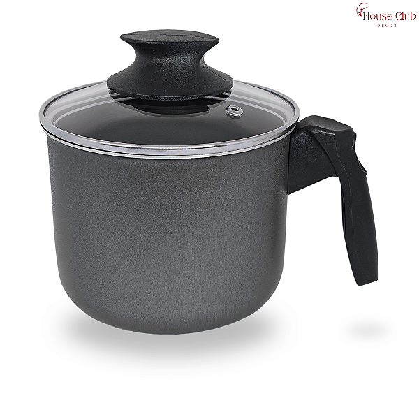 Caneco Leiteira 16 cm Antiaderente Teflon com Tampa de Vidro Cor Preto Grafite