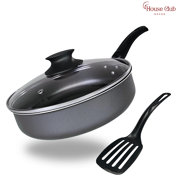 Frigideira Alta 20 cm Antiaderente Teflon com Tampa de Vidro Cor Preto Grafite