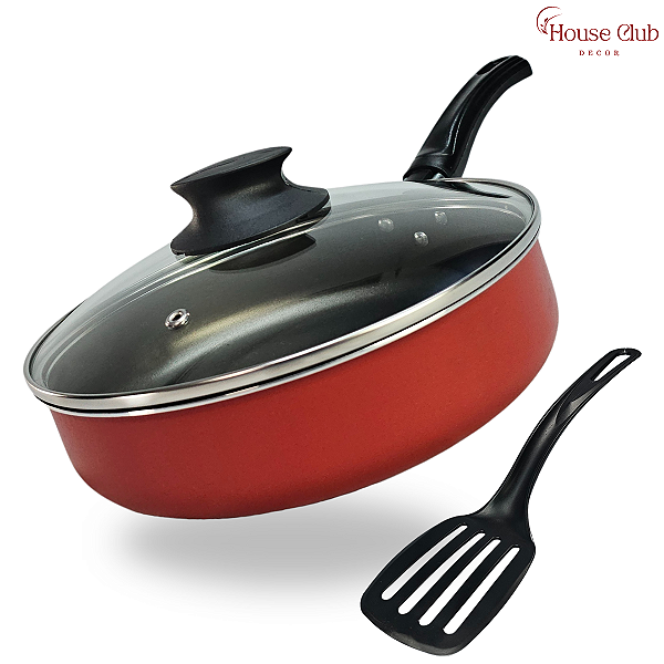 Frigideira Alta 20 cm Antiaderente Teflon com Tampa de Vidro Cor Vermelho