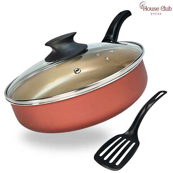 Frigideira Alta 22 cm Antiaderente Teflon com Tampa de Vidro Cor Cereja e Dourado