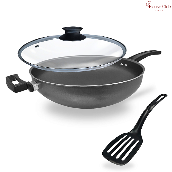 Frigideira Alta Wok 30 cm Antiaderente com Tampa de Vidro Cor Preto Grafite