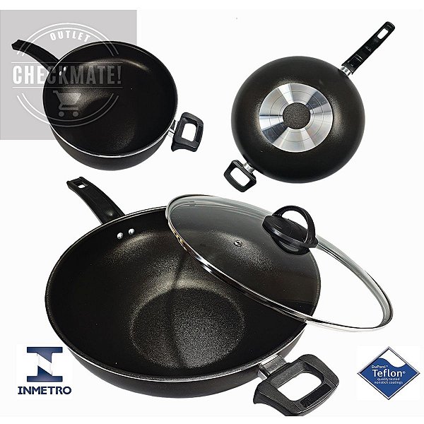 Frigideira Panela Wok 30 Cm Antiaderente Grande Tacho Com Tampa Vidro