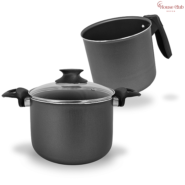 Kit Caldeirão 18 cm com Tampa de Vidro e Caneco 16 cm Antiaderente Teflon Cor Preto Grafite