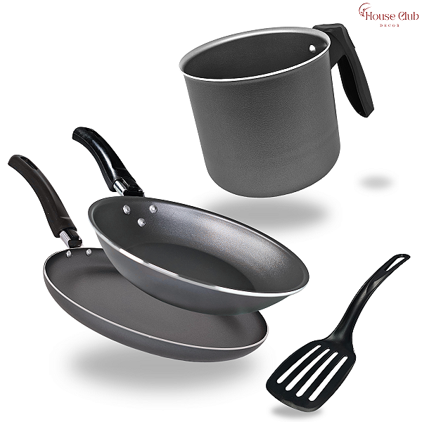 Kit 3 Peças Panquequeira 22 cm Frigideira Francesa 16 cm e Caneco Leiteira 16 cm Antiaderente Teflon Cor Preto Grafite