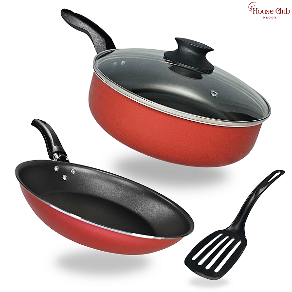 Kit Frigideira Alta 22 cm com Tampa de Vidro e Frigideira Francesa 16 cm Antiaderente Teflon Cor Vermelho