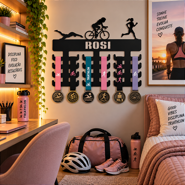 Porta Medalhas Triatlo Feminino com Nome