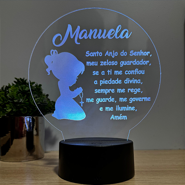 Luminária LED em Acrílico Oração Santo Anjo Menina com Nome