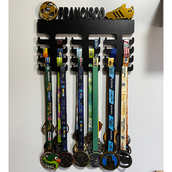 Porta Medalhas Bola e Chuteira Dourada com Nome