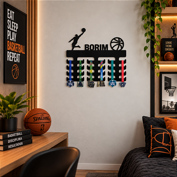 Porta Medalhas Basquete Bola Masculino com nome