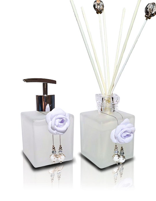 Kit Lavabo Cubo Luxo com Saboneteira e Difusor , Capacidade 250 ml