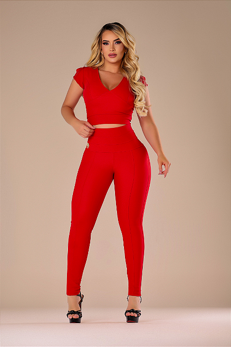 Calça Montaria Modeladora Skinny 3 Cós Compressores no Tecido de Poliamida - Vermelho Red